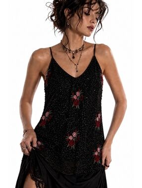 Romeo + Juliet Couture Glass Beaded Floral Embroidered Tank Top Black M NWT